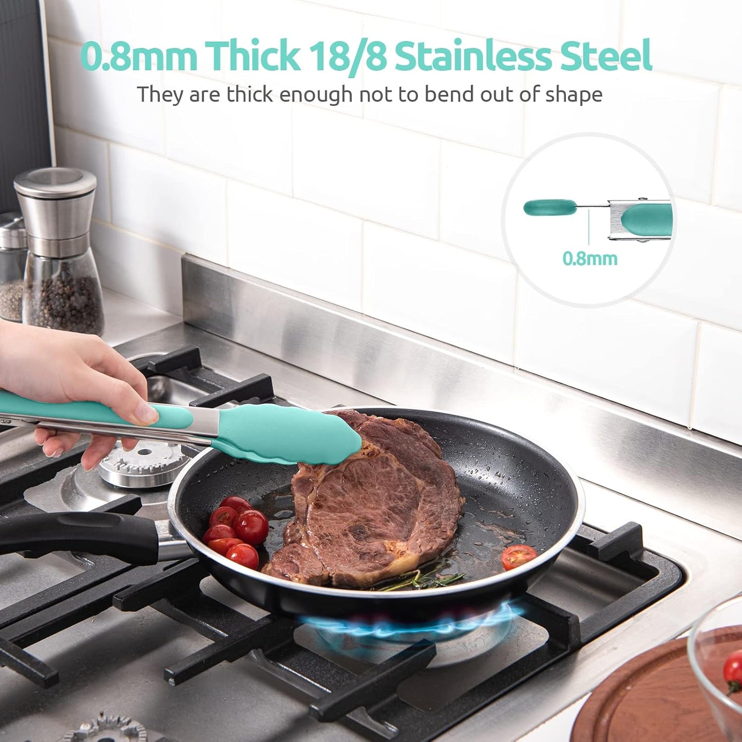 Heat Resistant Silicone Kitchen Tong: U-Taste 9 inch 480ºF Hot Proof Cooking Tong with Firm Sealed Non Stick Rubber Tips & Silicon Coated Steel Handle & Smooth Locking for Serving Grill Salad-Aqua Sky