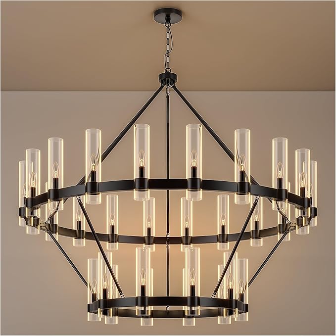 60 Inch Black Wagon Wheel Chandelier 2 Tier with Glass Shade, 30 Lights, Modern Farmhouse Style, Ideal for Dining Room, Kitchen, Entryways