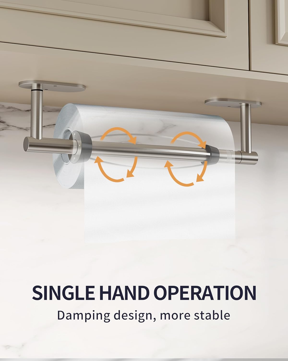 Paper Towel Holder Under Cabinet, Self Adhesive or Wall Mount for Kitchen Bathroom, Stainless Steel Paper Towel Holders with Damping Effect, Single Hand Operable (Silver)