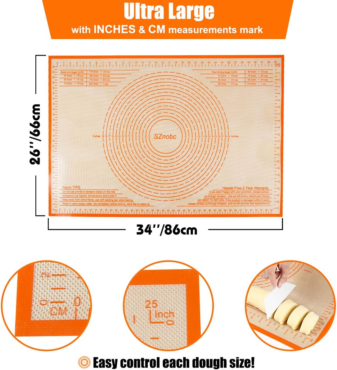 Silicone Pastry Mat 34'' By 26'' Extra Large Baking Mat with Measurements for Dough Rolling, Kneading Board, Kitchen Counter Mats, Perfect for Dough, Pastry, Fondant, Cookies, Bread, Pasta, Pizza