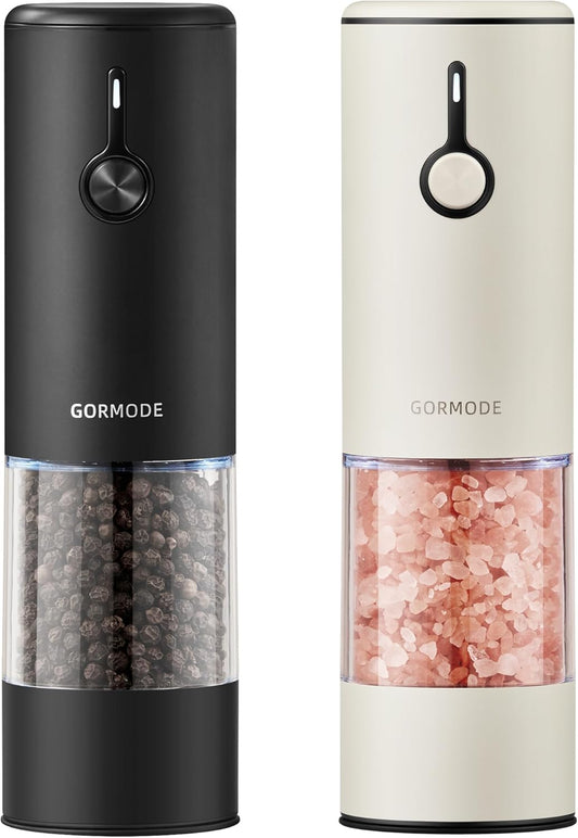 Stainless Steel Rechargeable Electric Salt and Pepper Grinder Set, USB Charging with Dust Cover, 6 Adjustable Grinding Modes + LED Light 2packBlack+Cream