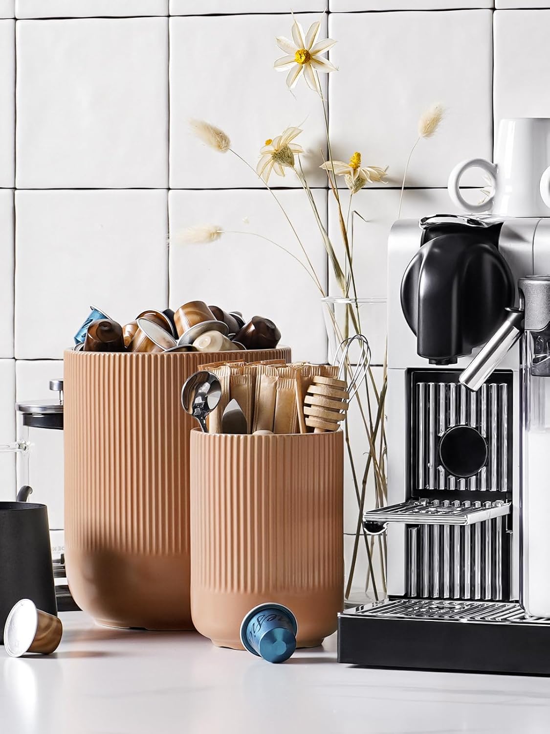 LE TAUCI Utensil Holder, 7.3"+5.4" Ceramic Kitchen Utensil Holder for Countertop, Large Cooking Utensil Crocks for Kitchen Counter, Morden Utensil Organizer for Spatula, Set of 2, Dusty Pink