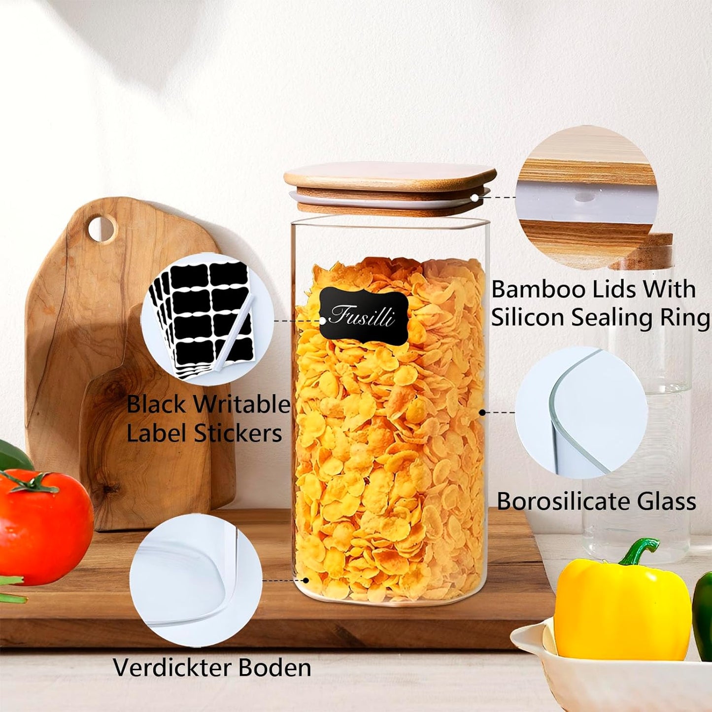 50oz Square Glass Storage Containers with Lids, Clear Food Storage Container Jar with Sealing Bamboo Lid for Noodles Flour Cereal Rice Sugar Tea Coffee Beans,Square Set of 3