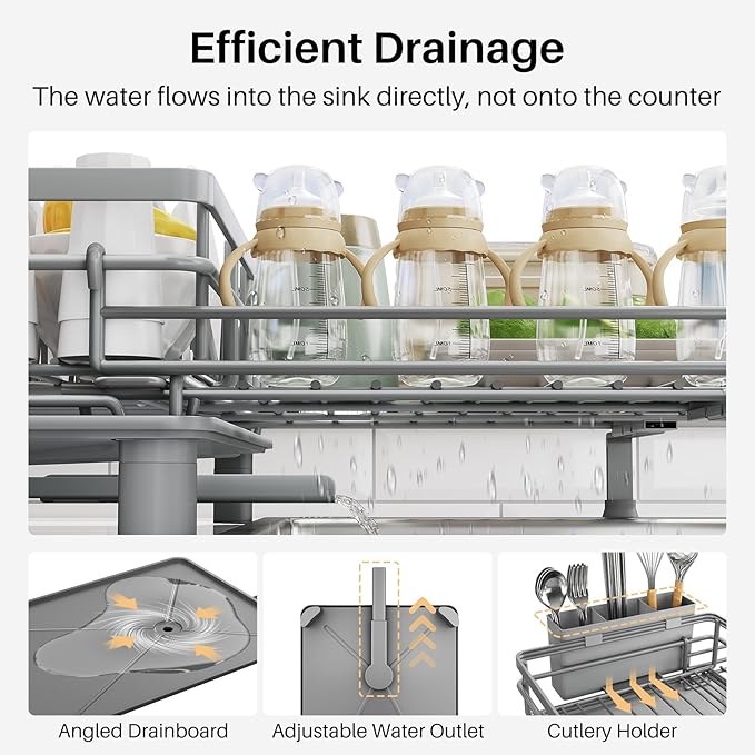 SNTD Dish Drying Rack - Extendable Dish Rack, Large Sink Drying Dish Drainer for Kitchen Counter, Stainless Steel Dish Strainer with Utensil Holder (Grey)