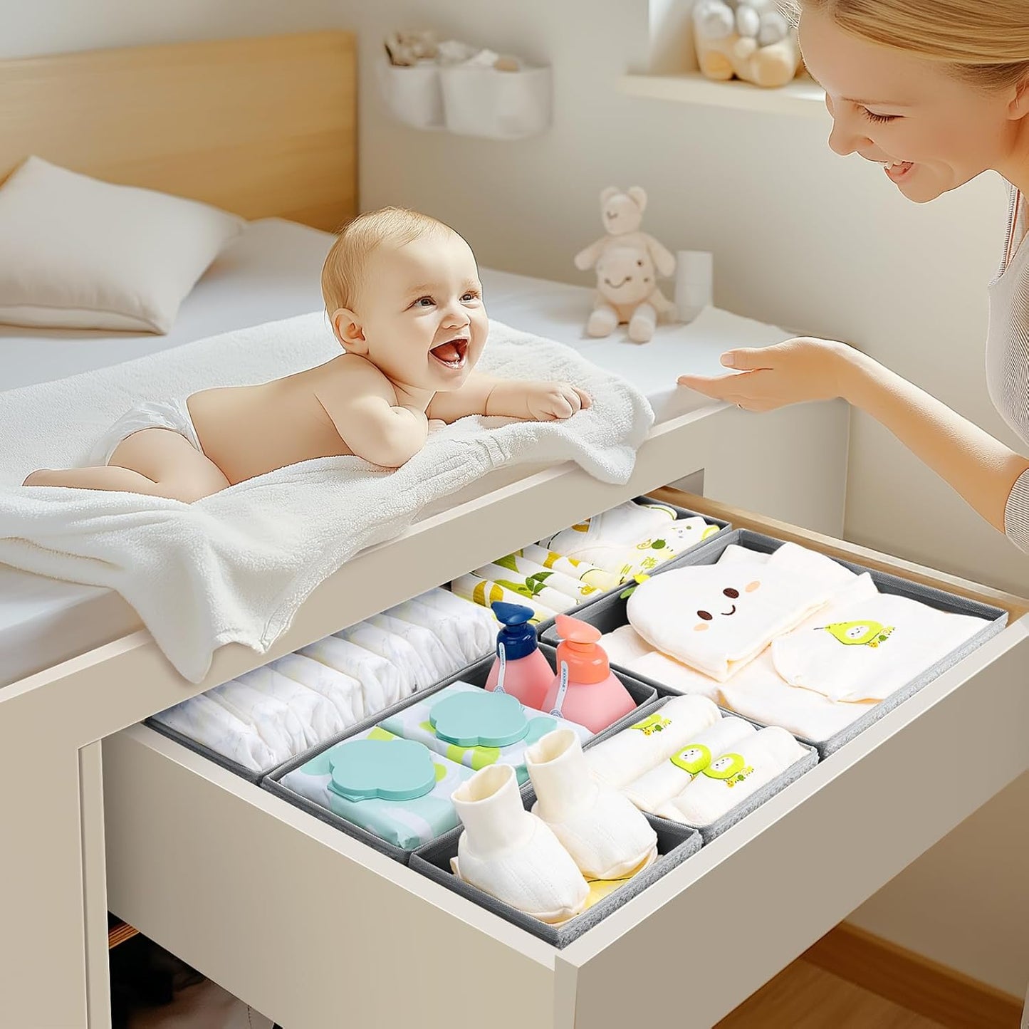 Drawer Organizer Clothes - 18 Pack Dresser Organizer for Nursery, Foldable Sock Underwear Organizer, Baby Drawer Organizer, Small Fabric Storage Bins for Dresser Drawer, Grey