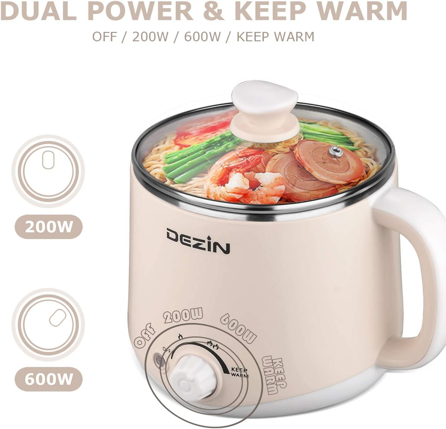 Dezin Hot Pot Electric with Steamer, Rapid Noodles Cooker, Stainless Steel Electric Pot 1.6 Liter, Perfect for Ramen, Egg, Dumpling, Soup, Oatmeal with Temperature Control and Keep Warm Function