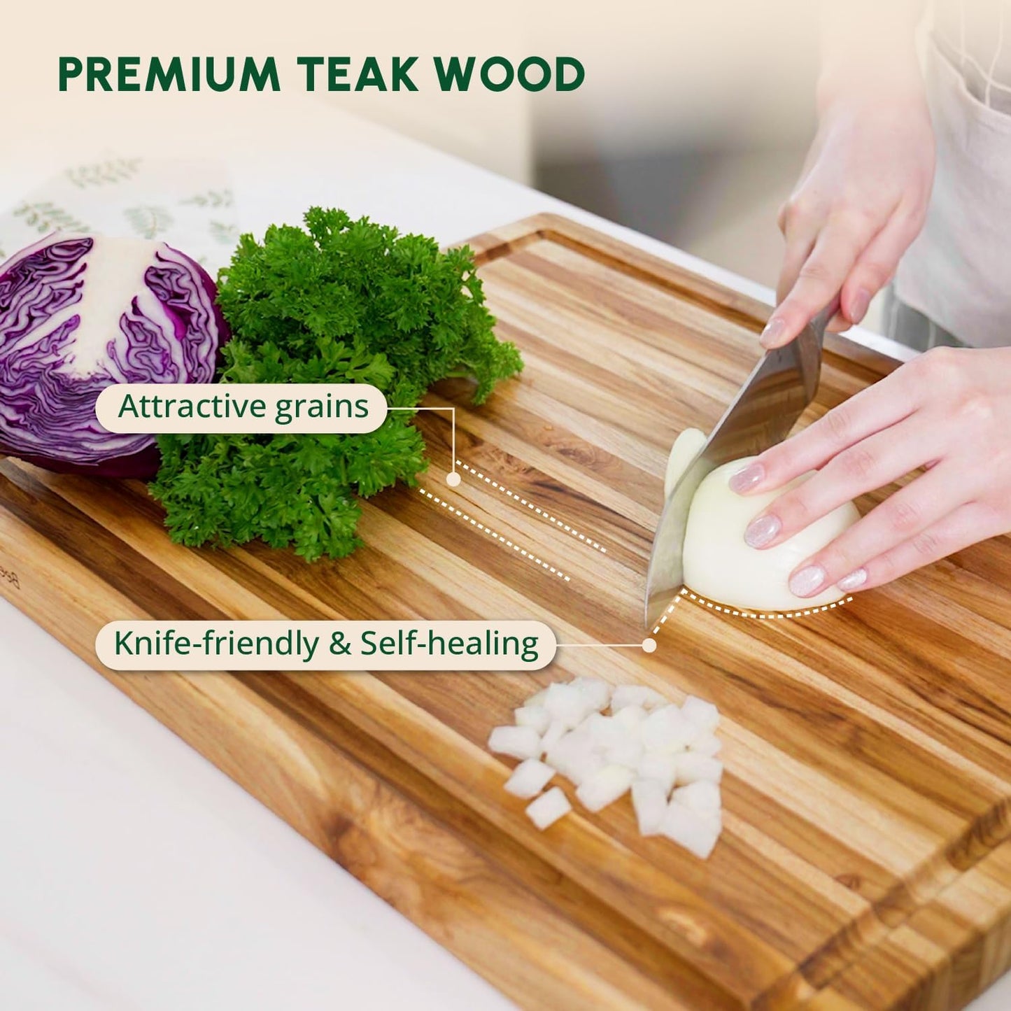 BEEFURNI Teak Wood Cutting Board with Juice Groove Hand Grip (S, 18x14x1"), Wooden Cutting Boards for Kitchen, Butcher Block, Charcuterie Boards, Christmas Gifts, 1-year Manufacturer Warranty