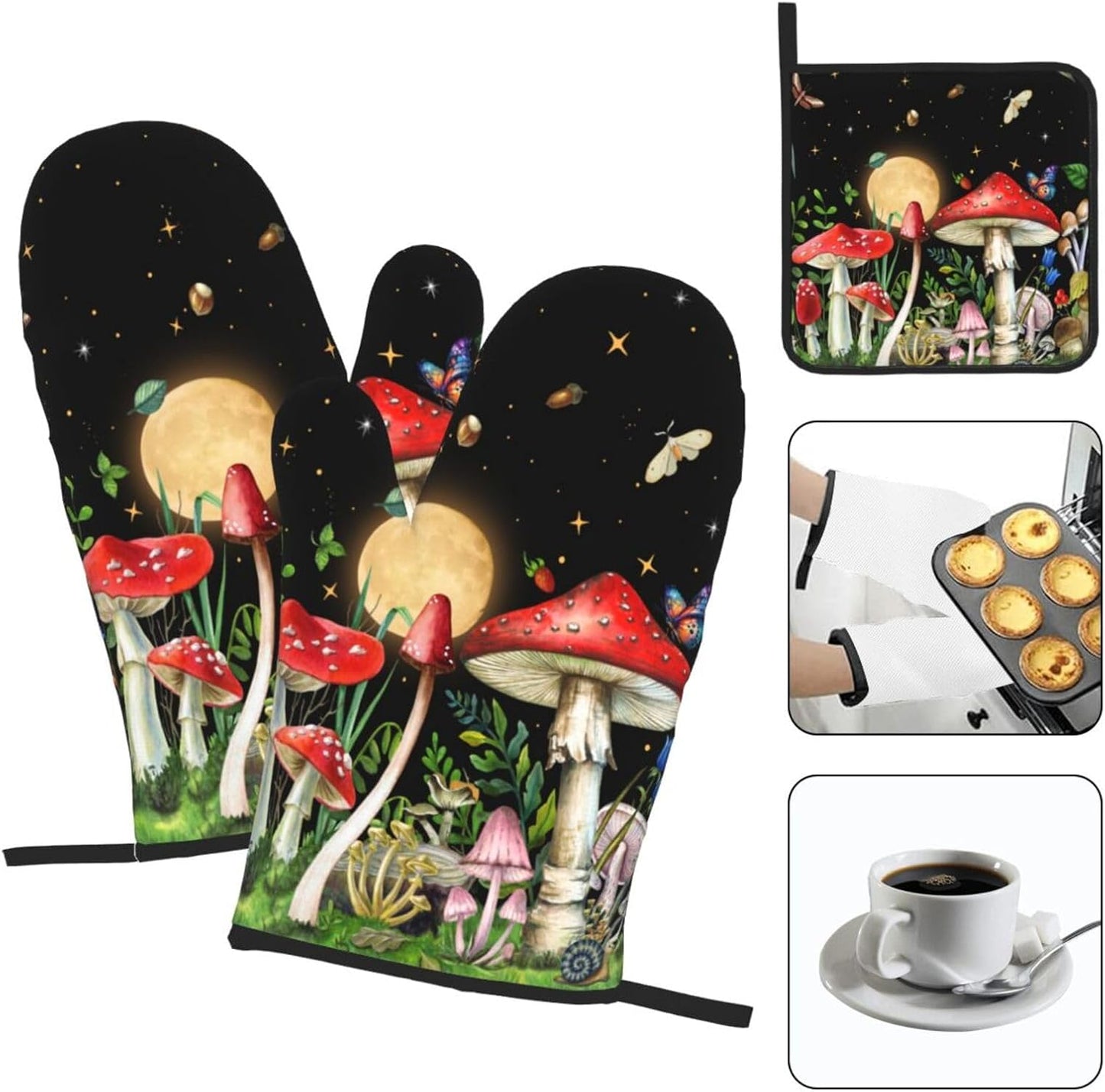 Cute Mushroom Oven Mitts and Pot Holders Sets of 3 Holiday Kitchen Decor Heat Resistant Witchy Hot Pads Oven Gloves for Cooking Grilling Baking