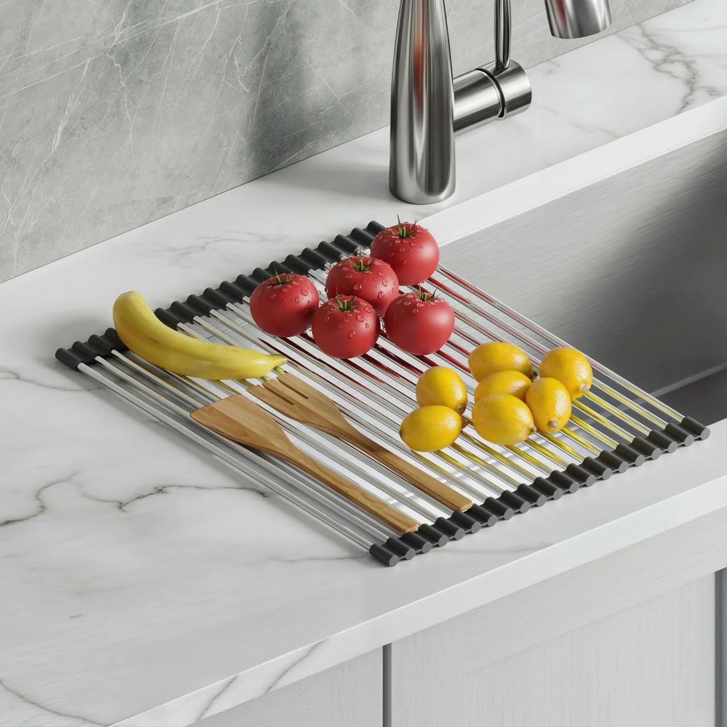 Dowell Over The Sink Roll Up Dish Drying Rack, 304 Stainless Steel, 20 Tubes, Dishwasher Safe, Food Safe, Heat Resistant, Foldable, Space-Saving, Sturdy, Multi-Purpose Sink Organizer