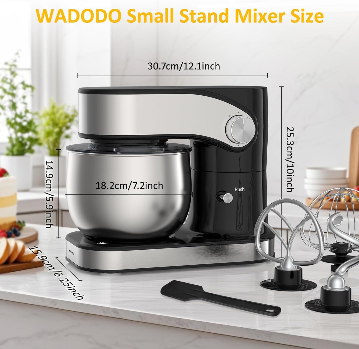 WADODO Stand Mixer, 3.2Qt Small Kitchen Mixer,6 Speeds Electric Food Mixer,Lightweight 304 Stainless Steel Kitchen Mixer with Bowl, Egg Whisk, Dough Hook, Flat Beater & Splash Guard - for Daily Use