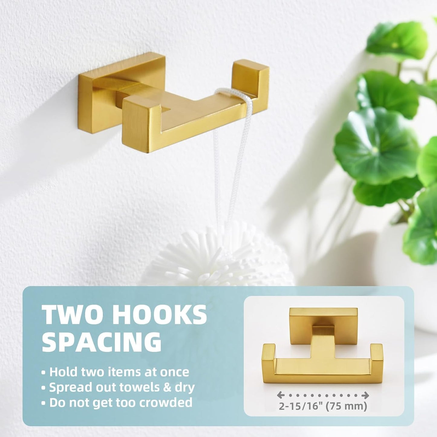 Suyar Double Towel Hook Brushed Gold, SUS304 Stainless Steel Square Coat Robe Holder, Bathroom Kitchen Towel Hanger, Wall Mounted