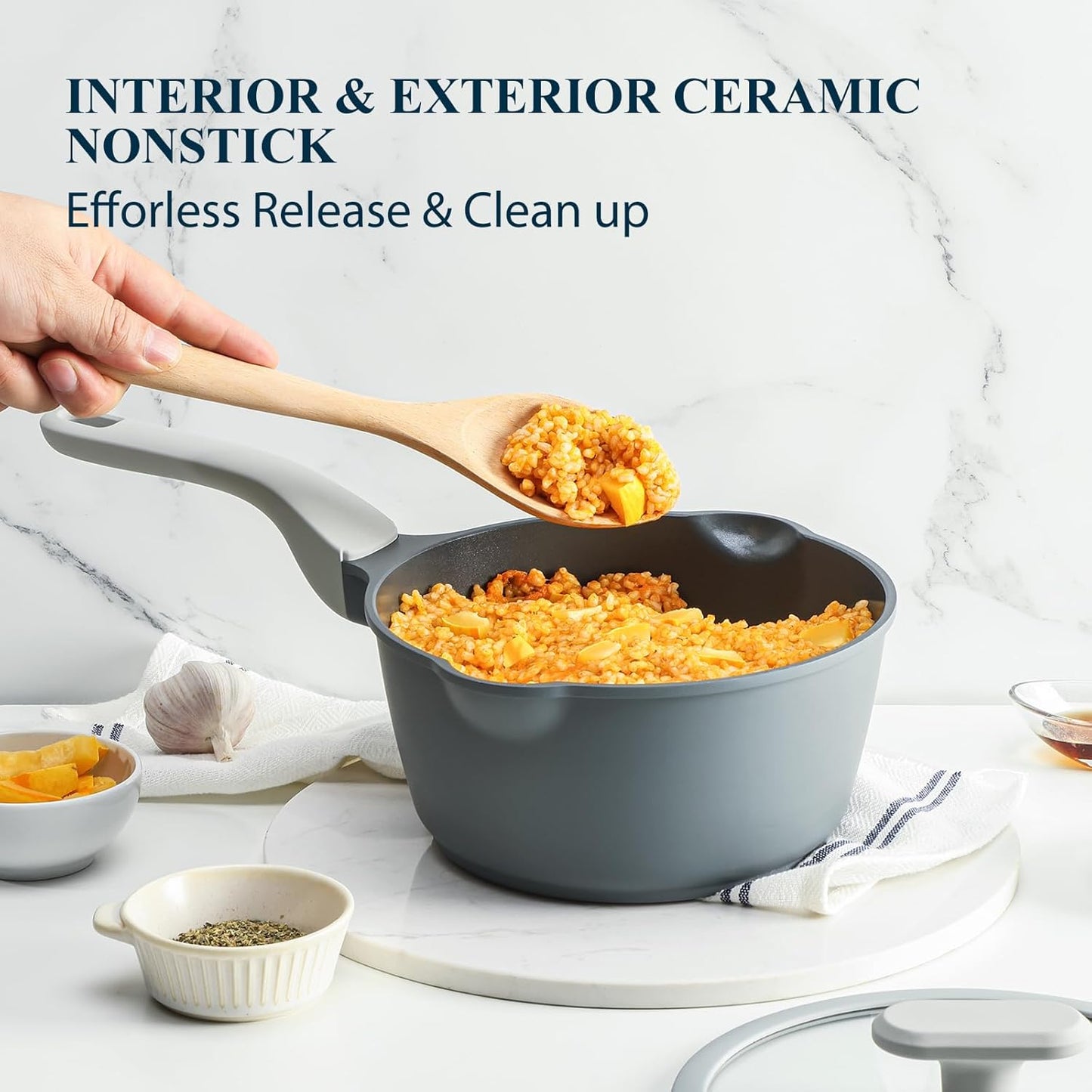 Nonstick Saucepan with Lid, 2 Quart Ceramic Sauce Pan, Non Toxic Sauce Pot with Pour Spouts for Multipurpose Use, PTFE, PFOA & PFAS Free, Induction Compatible.
