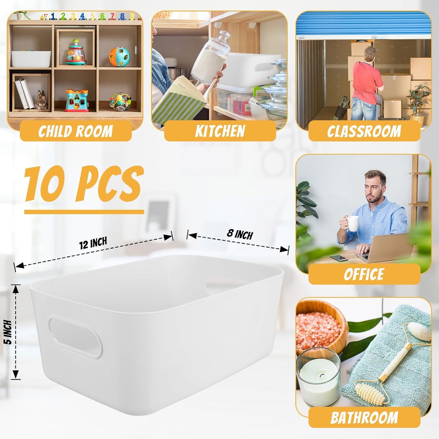 Zopeal Plastic Storage Bins 10 Pcs White Pantry Organizer Bins Small Baskets Storage Containers for Home Kitchen (12 x 8 x 5 Inches)