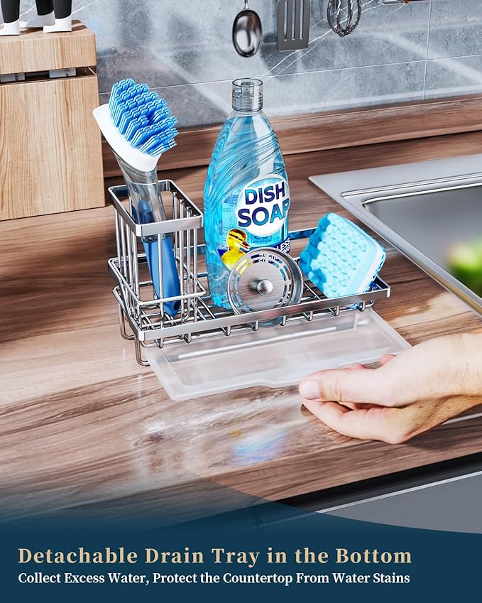 Consumest Sink Caddy, Kitchen Sponge Holder with Dish Brush Holder, Kitchen Organizer with Drip Tray for Countertop, Stainless Steel Rustproof - Silver