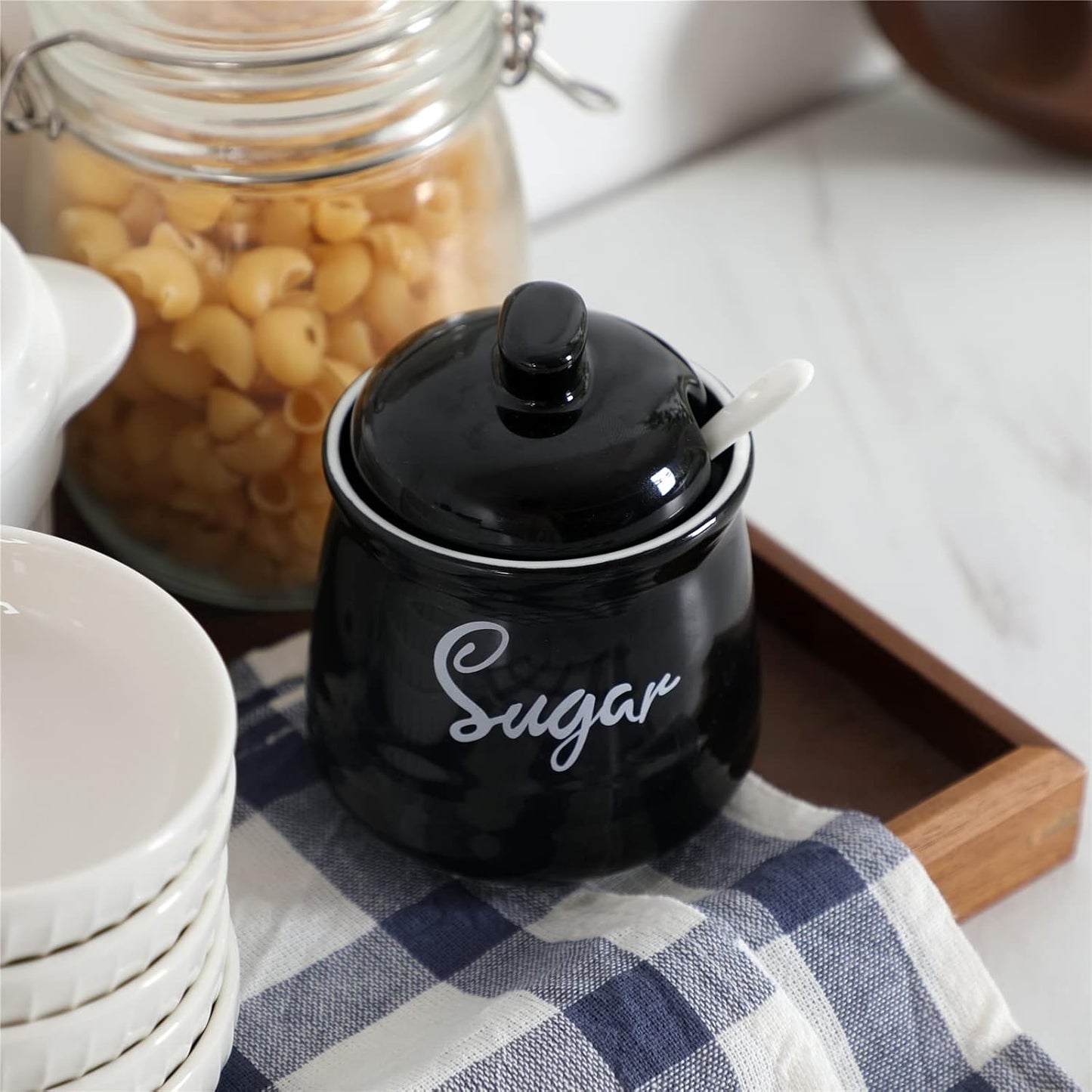 HAOTOP Farmhouse Porcelain Sugar Bowl with Lid and Spoon 12oz,Easy to Clean (Black)