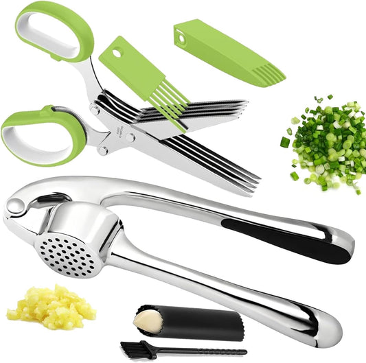 Garlic Press and Herb Scissors Set, 6 Pieces with Garlic mincer and Multipurpose Scissors, Rustproof Tools for Kitchen Use (Silver) (Silver+Green)