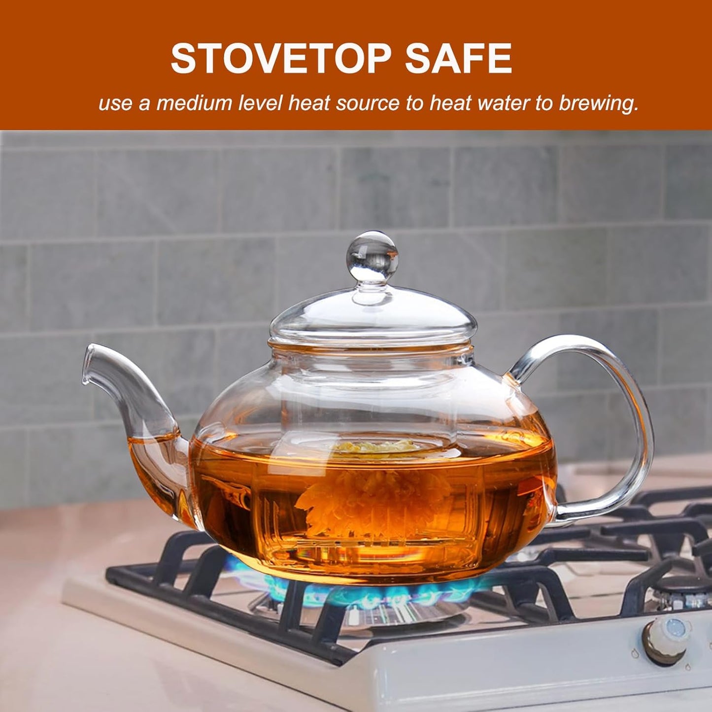 Glass Teapot Stovetop Safe, Heat-Resistant Clear Teapot with Removable glass Infuser, Loose Leaf and Blooming Tea Maker （20.3 OZ)