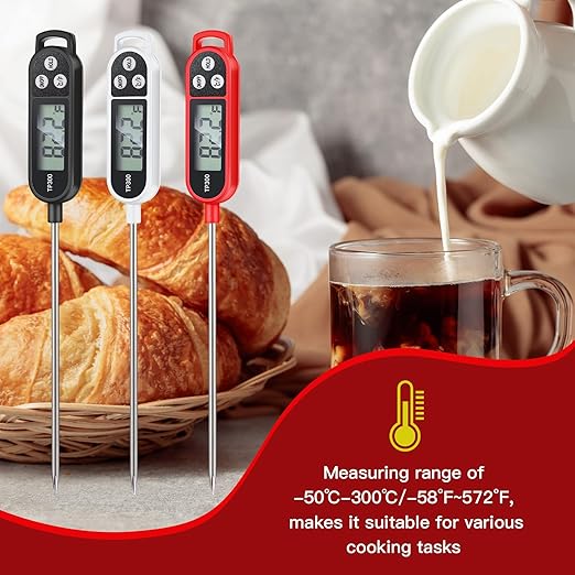 6 Pcs Instant Read Meat Thermometer with Long Probe 9.65 Inch Kitchen Cooking Food Candy Waterproof Digital Thermometer for BBQ Water Milk Yogurt Liquid (Round&Square Ring,Black,White,Red)