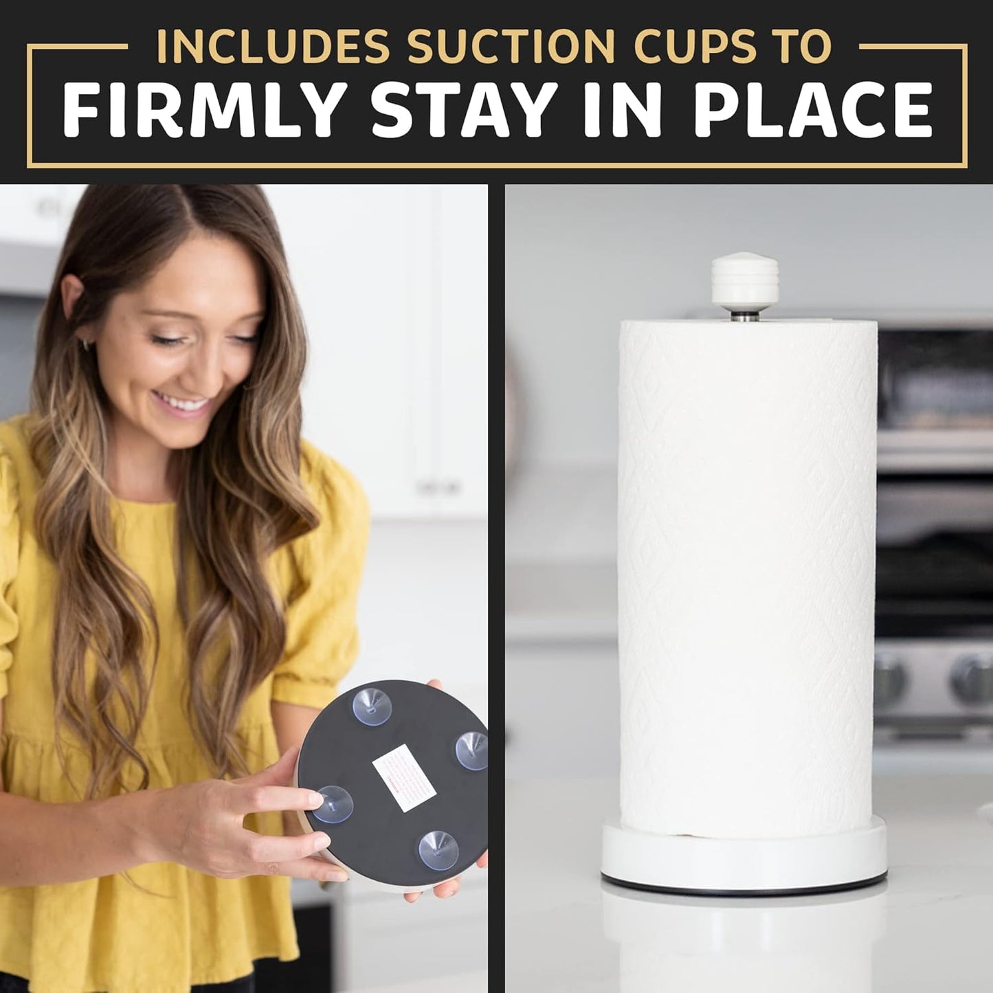 Stainless Steel White Paper Towel Holder Designed for Easy One-Handed Operation - This Sturdy Weighted Paper Towel Dispenser Countertop Model Has Suction Cups and Holds All Paper Towel Rolls