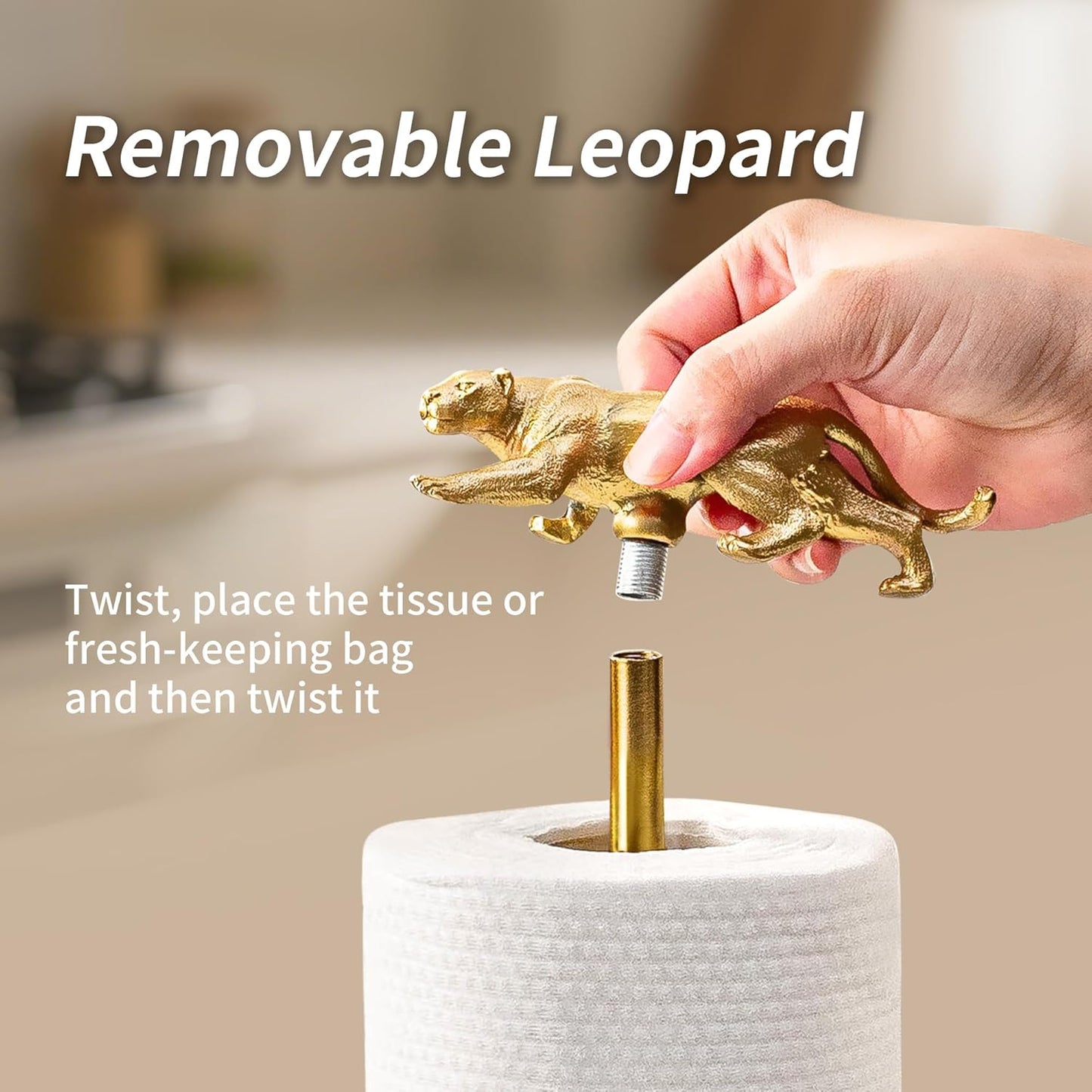 Gold Paper Towel Holder for Countertop, Vintage Brass Paper Holder for Kitchen, Bathroom, Dining Room, Non-Scratch Base & Detachable Leopard