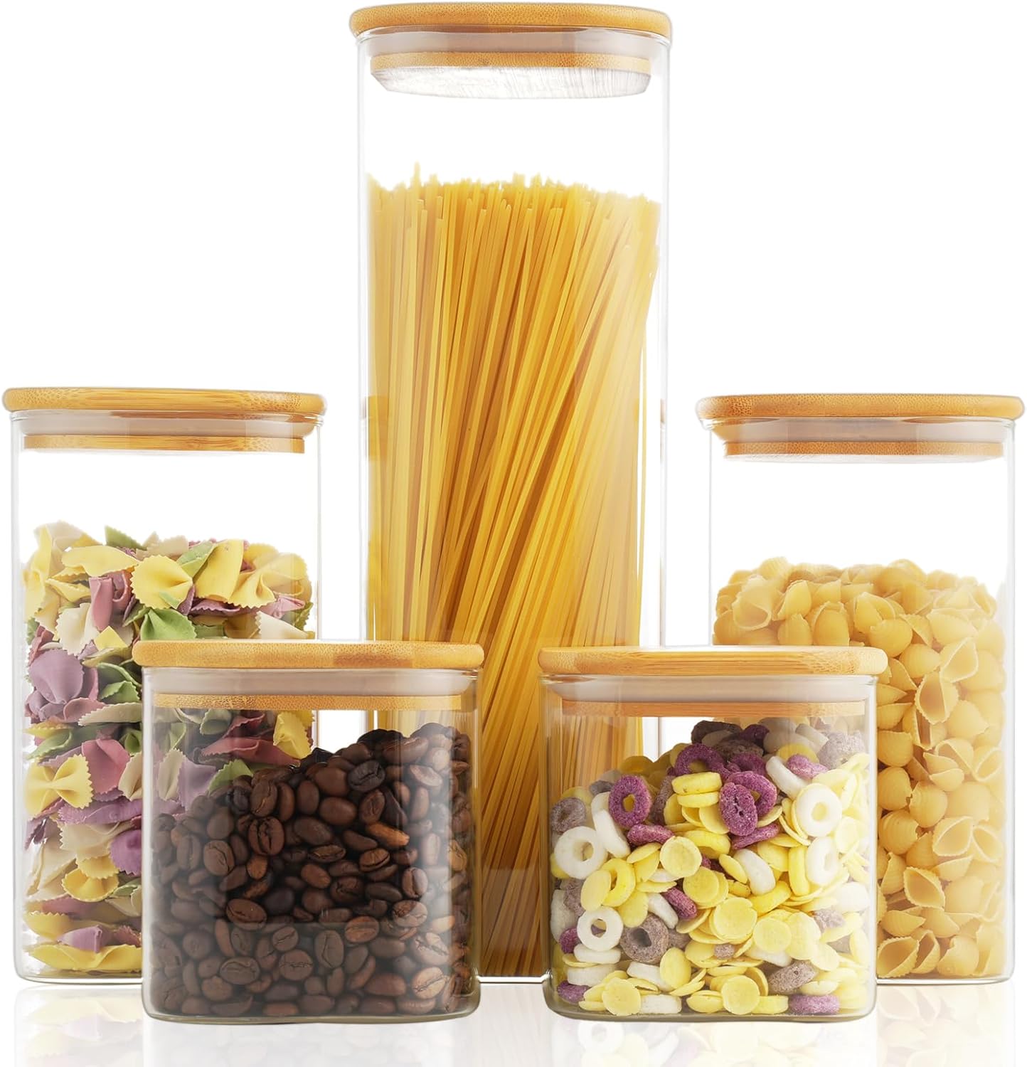 5 Set Glass Jars with Bamboo Lids, Square Food Storage Containers, Glass Pantry Storage Containers with Lids for Pasta, Cereal, Flour, Sugar