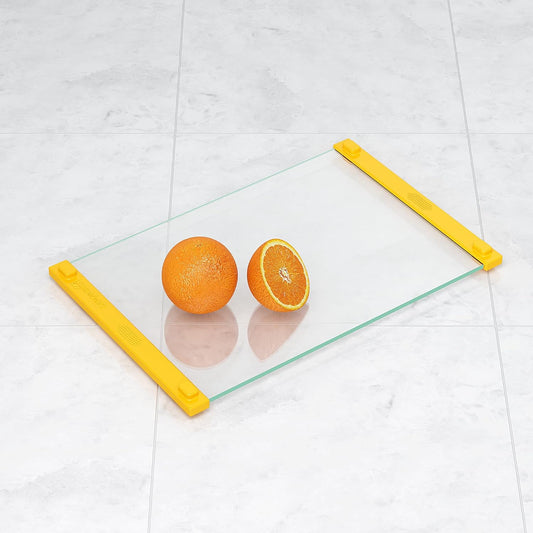 Small Tempered Glass Cutting Board for Kitchen with Rubber Handle Dishwasher-Safe Cutting Board Non Anti slip Easy to Grip, Easy to Clean-Cheese Board,Serving Tray,Hot Pot Mat(Yellow-12*8")