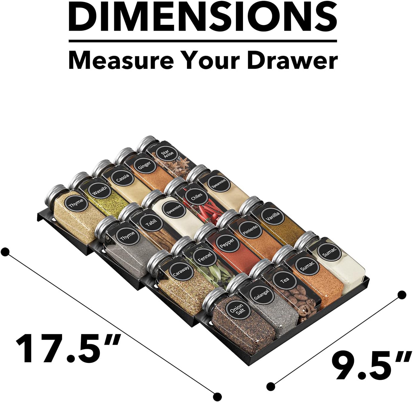 SpaceAid Spice Drawer Organizer with 20 Spice Jars, 386 Spice Labels, 4 Tier Seasoning Rack Tray Insert for Kitchen Drawers, 9-1/2" Wide x 17-1/2" Deep