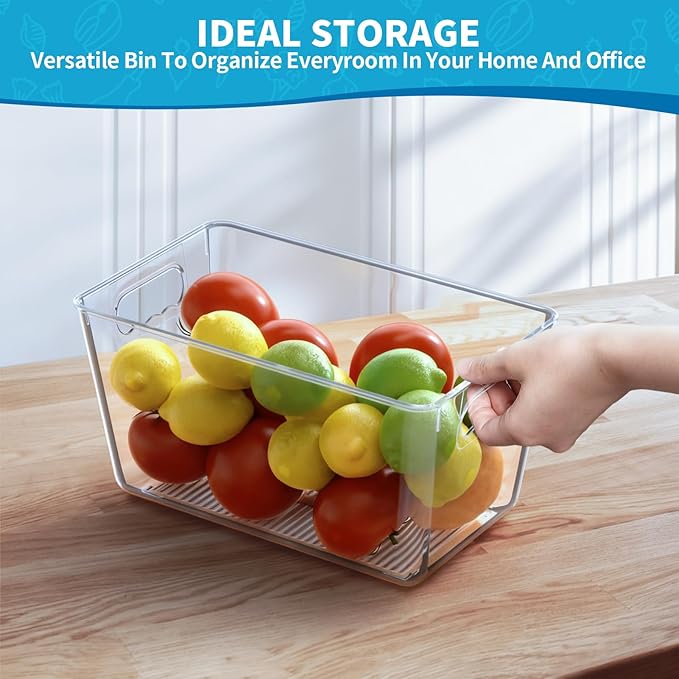 Clear Pantry Organizer Bins, Storage Containers & Plastic Containers with Handle, Cabinet Organizer, Home Organization Must Haves for Kitchen, Laundry Room, Office, Closet & Freezer (6 Pack)