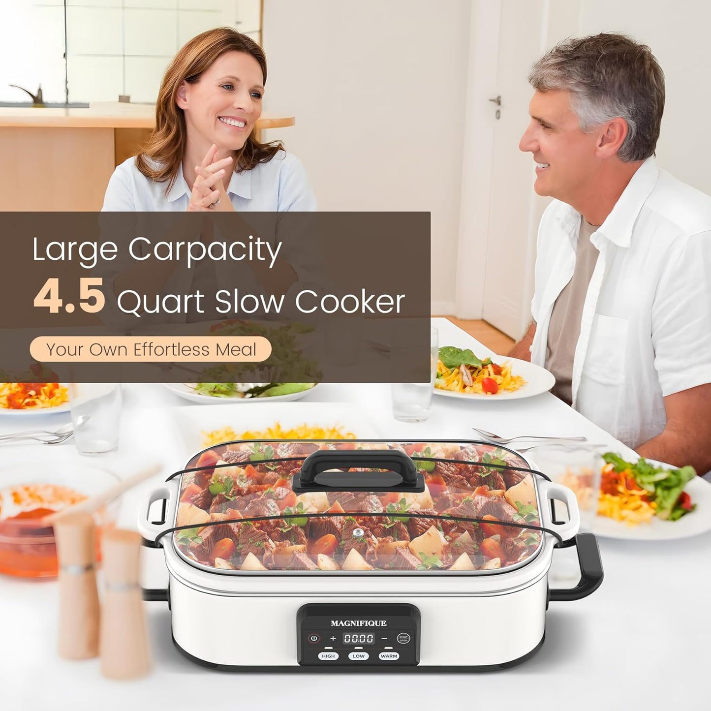 4 Quart Casserole Programmable Slow Cooker with Ceramic Baking Dish - Perfect Kitchen Small Appliance for Family Dinners, Oven Safe and Durable Bakeware for Lasagna, Roasts (White)