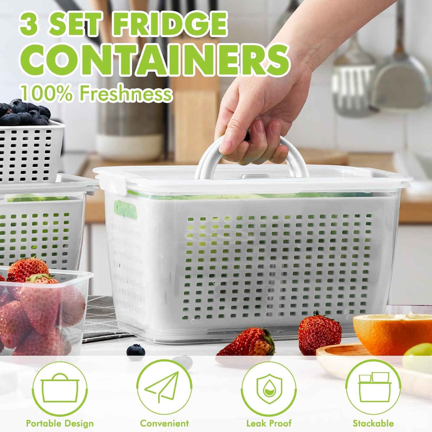 LUXEAR Produce containers for fridge,3 Set Fruit Containers with Removable Colander, BPA-Free Produce Saver Containers with Lids Dishwasher&Microwave Safe Keep Fruits, Vegetables, Berry, Fresh Longer