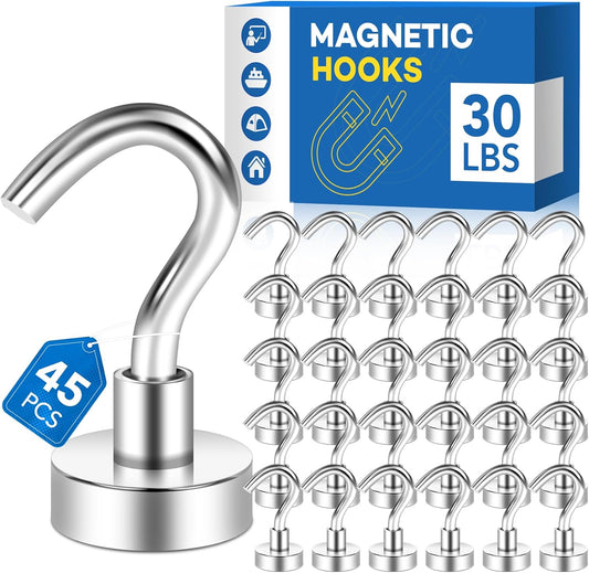 LOVIMAG Neodymium Strong Magnetic Hooks,30Lbs Rare Earth Magnets Heavy Duty with Hook for Refrigerator,Ceiling Magnets for Hanging,Cruise,Curtain and Kitchen etc- 45 Pack