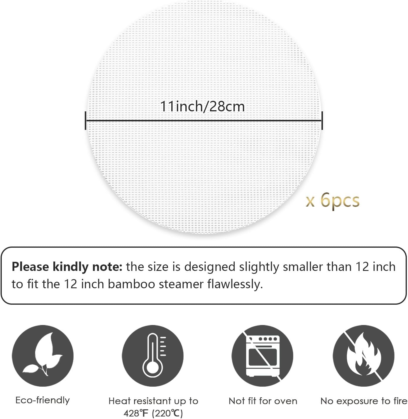 Bamboo Steamer Silicone Liners 12-Inch 6Pcs, BPA Free, Reusable & Non Stick for Food Steamer, Air Fryer, Steaming Dumpling Dim Sum Vegetable, Round Mesh Parchment Baking Sheet Paper