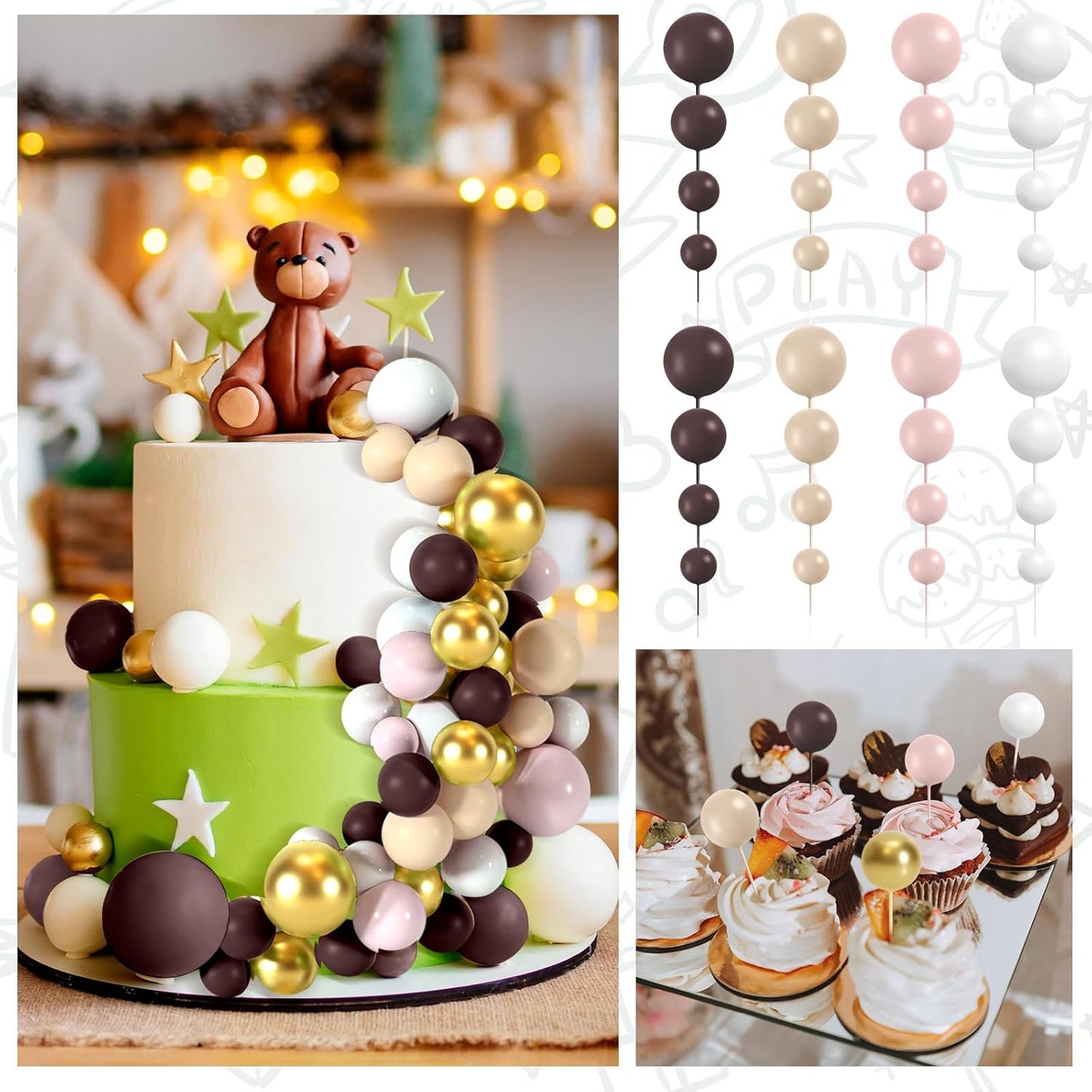 48 Pcs Balls Cake Topper Decorations Balloon Cupcake Toppers Foam Cake Topper Balls for Birthday Party Wedding Cake Decorating(Brown,White,Gold)