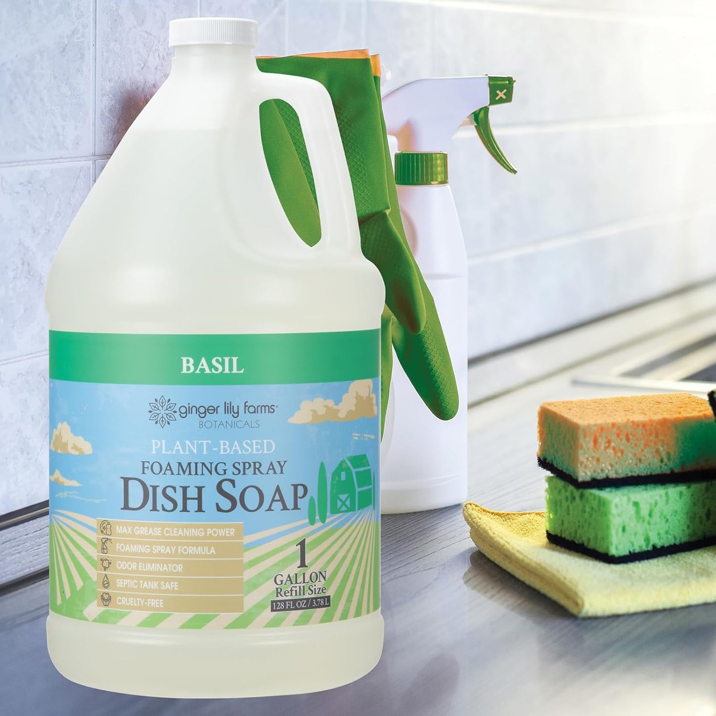 Ginger Lily Farms Botanicals Plant-Based Foaming Spray Dish Soap, Concentrated Formula with Max Grease Cleaning Power, Cruelty-Free, Basil Scent, 1 Gallon Refill (128 Fl Oz)