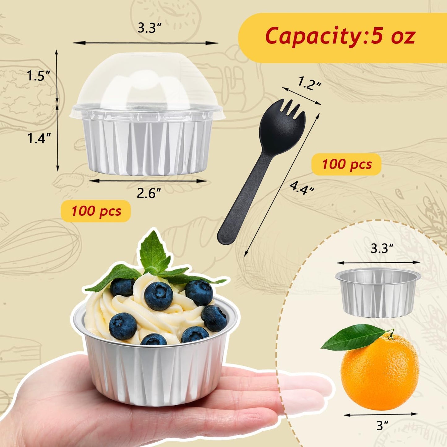 LNYZQUS 5oz Cupcake Pans Muffin Tins with Lids 100 Pack, Aluminum Foil Mini Cake Baking Pans,Small Baking Cups Containers,Disposable Ramekins Muffin Cups -Silver