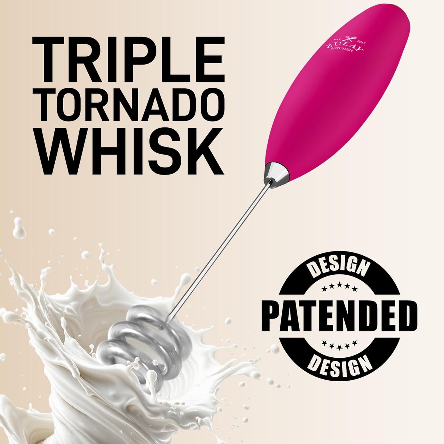 Zulay Kitchen Patented Tornado Triple Whisk Milk Frother with 4 Duracell Batteries – Handheld Foam Maker for Coffee, Lattes, Matcha & Hot Chocolate – Rich, Creamy Froth in Seconds