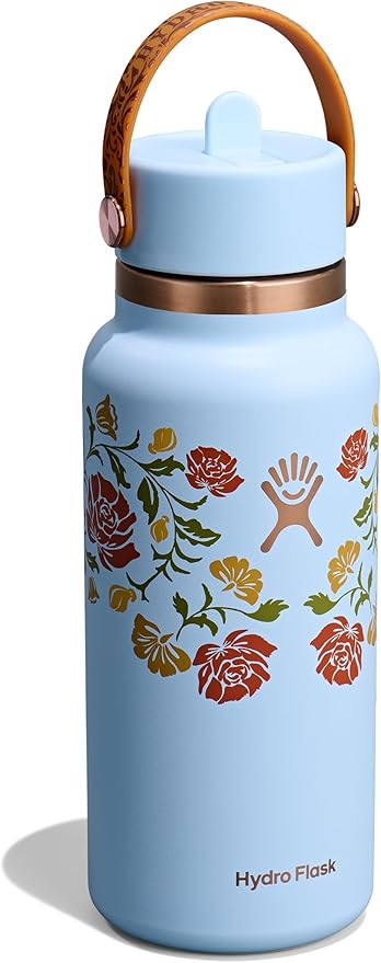 Hydro Flask Water Bottle - Insulated Stainless Steel - Wide Mouth Flex Straw Lid, Non Spill, Leakproof and Refillable in 32 Oz Western Light Blue