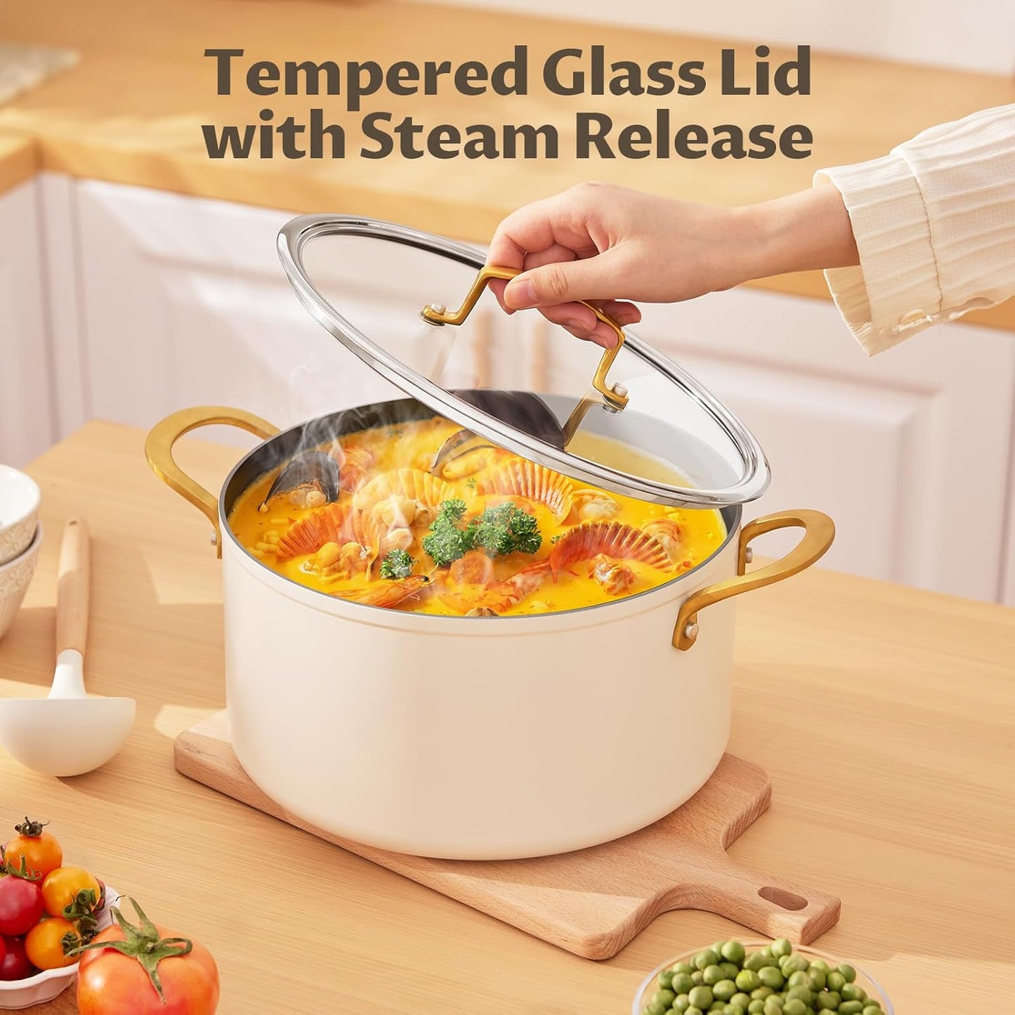 BEZIA 6 Quart Stock Pot with Lid，Ceramic Nonstick Cooking Pot，Soup Pot with Stainless Steel Handle, Tempered Glass Lid, Induction Compatible for Pasta, Soup, Spaghetti，Dishwasher Safe, Cream