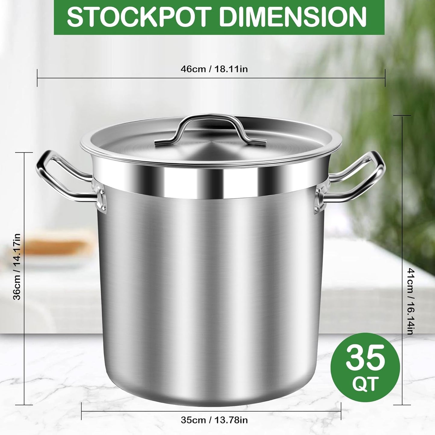Commercial Grade Large Stock Pot - Soup Pot with Lid - Non-Nickel Stainless Steel - Healthy Cookware Polished Stockpots - Heavy Duty - 35 Quart (8.8Gallon)