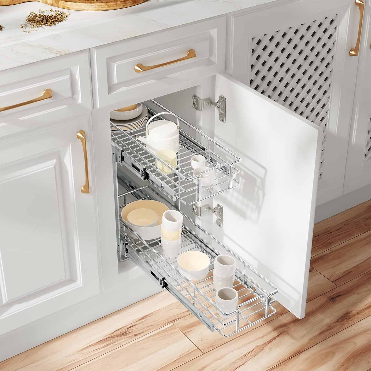 ROOMTEC Individual Pull Out Cabinet Organizer (7½"W x 21½"D), 2 Tier Spice Rack Organizer for Cabinet, Slide Out Drawer Pantry Shelf Organization and Storage for Kitchen Bathroom