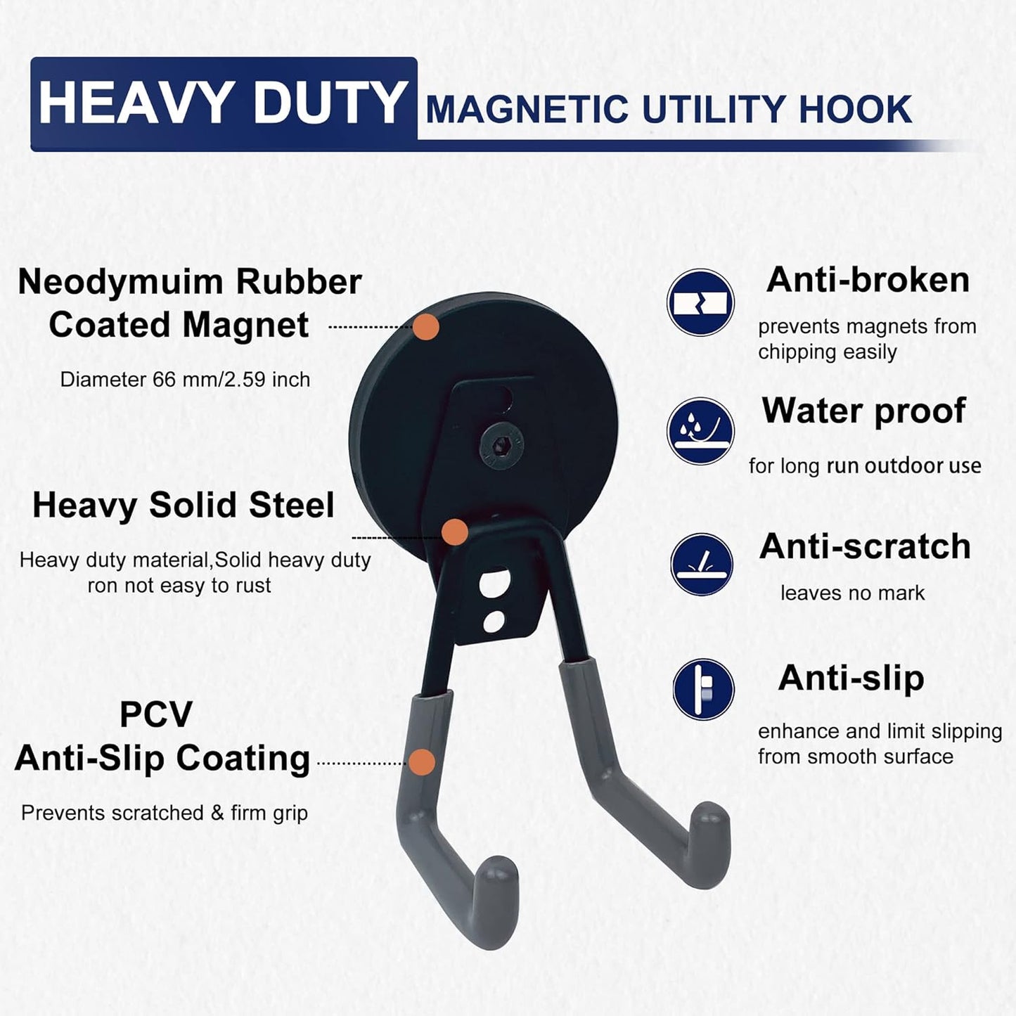TSUYA 4 Pack Heavy Duty Large Garage Magnet Hooks, Strong Storage Utility Magnetic Hooks with Anti-Slip Rubber Coating for Hanging (Gray Hook, 2.6‘’ Diameter Base)