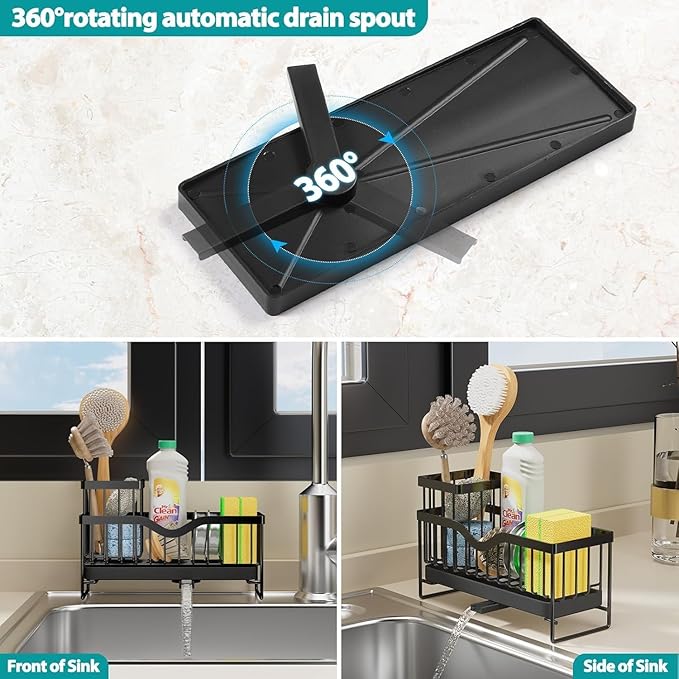 Generic Sink Caddy Organizer, Black Metal Kitchen Counter Sponge Holder with 360° Auto-Drain Tray, 9.8x3.9 Inch, 2-Compartment Storage for Cleaning Supplies