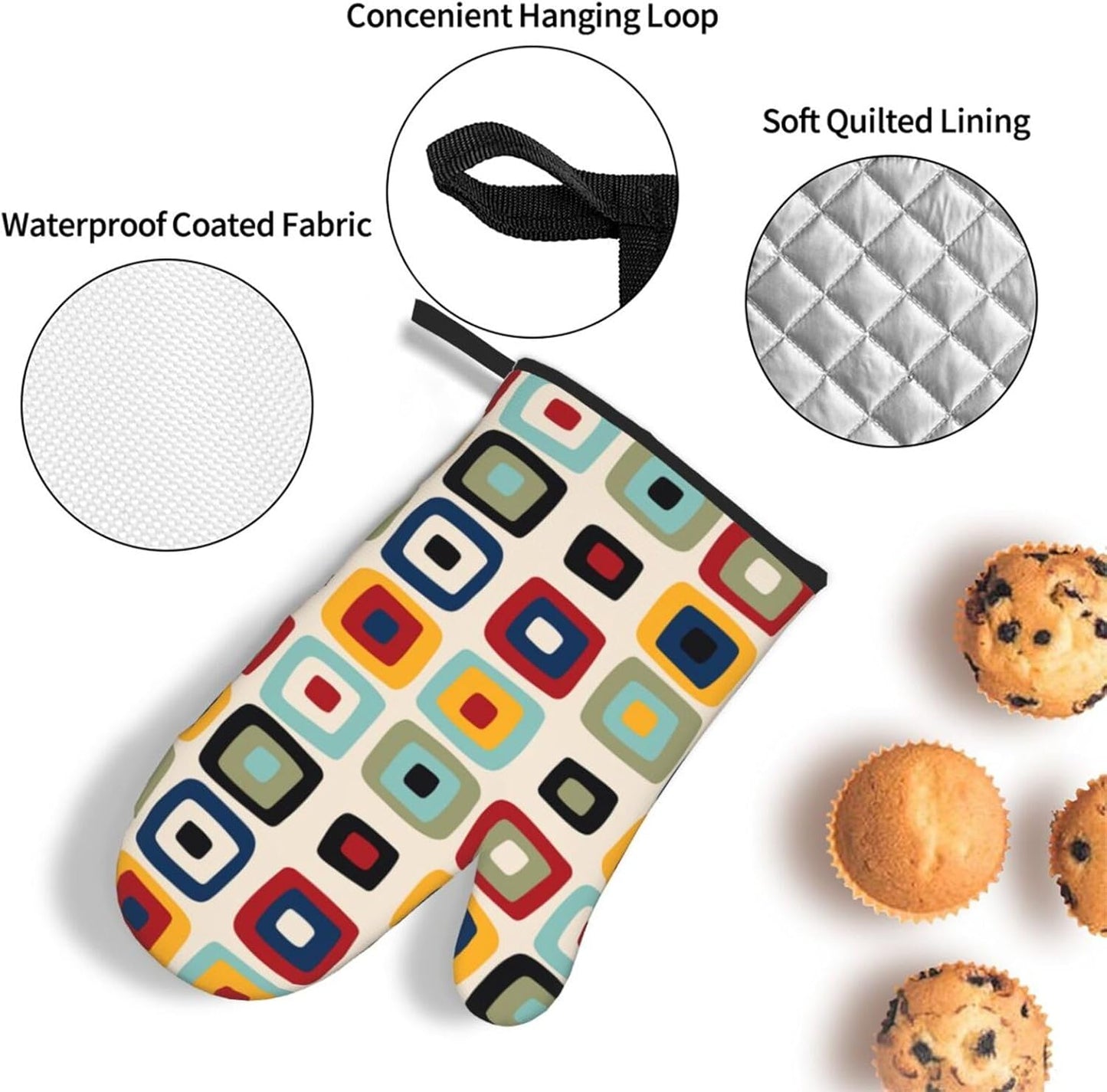 Mid Century Modern Retro Oven Mitts and Pot Holders Sets of 3 Heat Resistant Non Slip Vintage Decorative BBQ Gloves for Cooking Grilling Baking Kitchen Decor