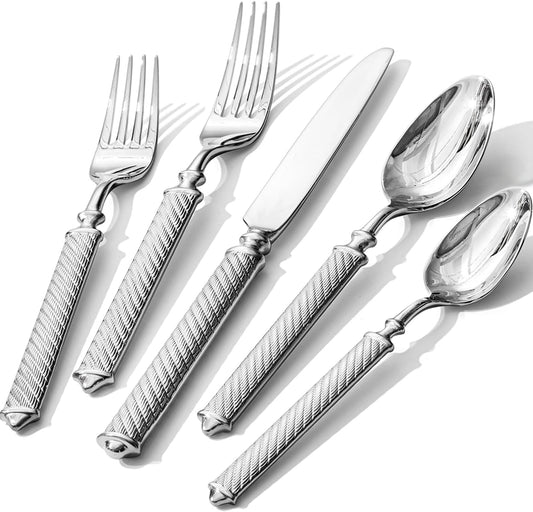 KINGSTONE Retro Rope-Pattern Silverware Set, 10-Piece Flatware Set Cutlery Set Forged with Handcrafted Texture Handles 18/10 Stainless Steel, Dishwasher Safe