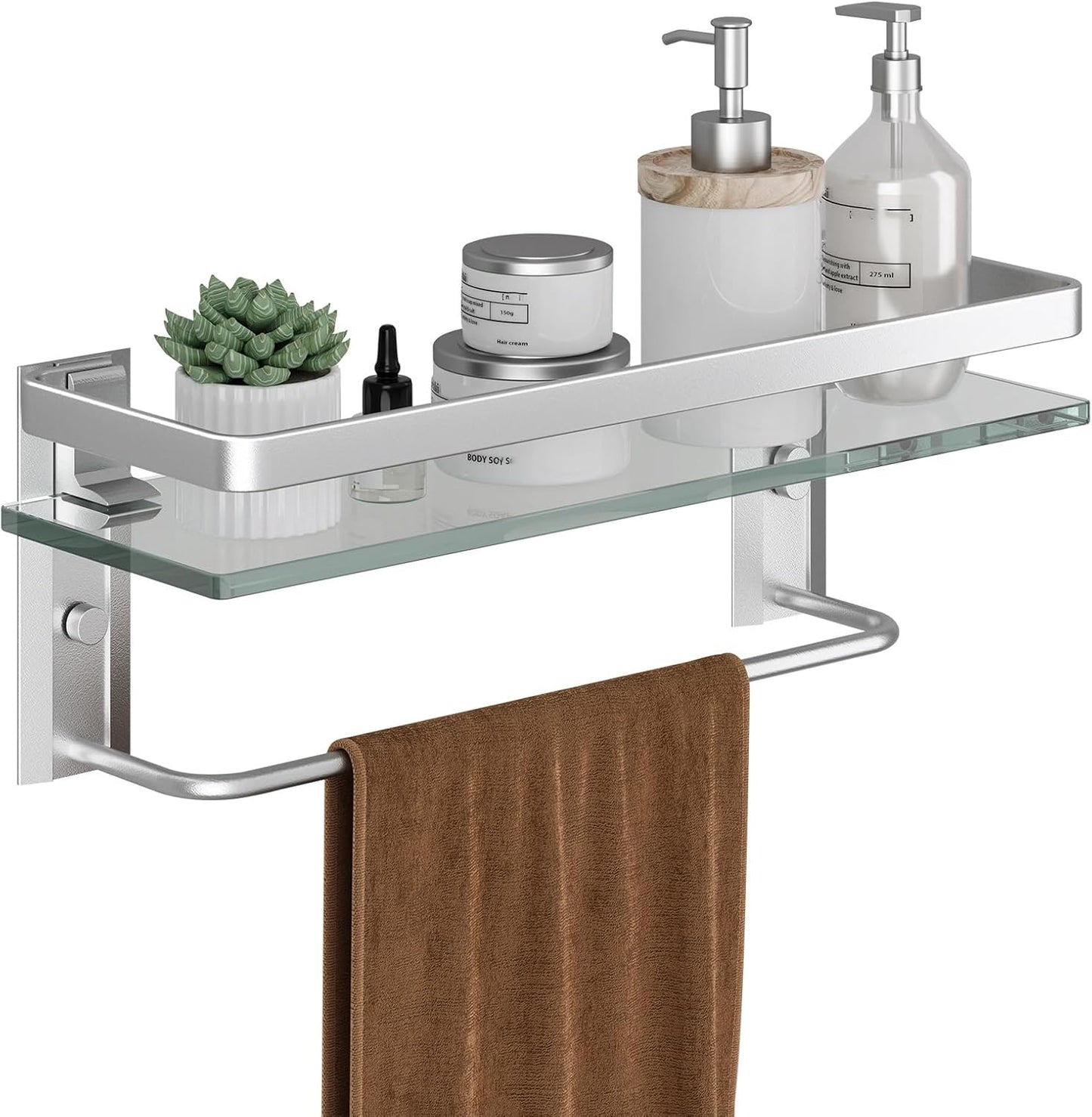 Danpoo Bathroom Wall Shelf with Towel Bar, Clear Tempered Glass, Hand Towel Holder (Matte Silver)
