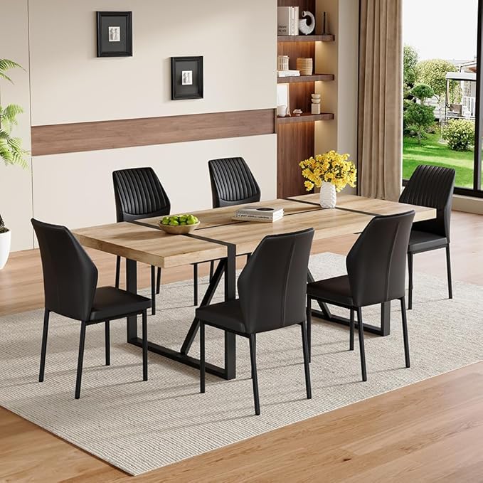 86.6" Dining Table Set for 6, Modern 7 Piece Wood Kitchen Table and Chairs Set, Rectangle Dining Room Table with 6 PU Leather Upholstered Chairs, Ideal for Apartment, Kitchen, Dining Room