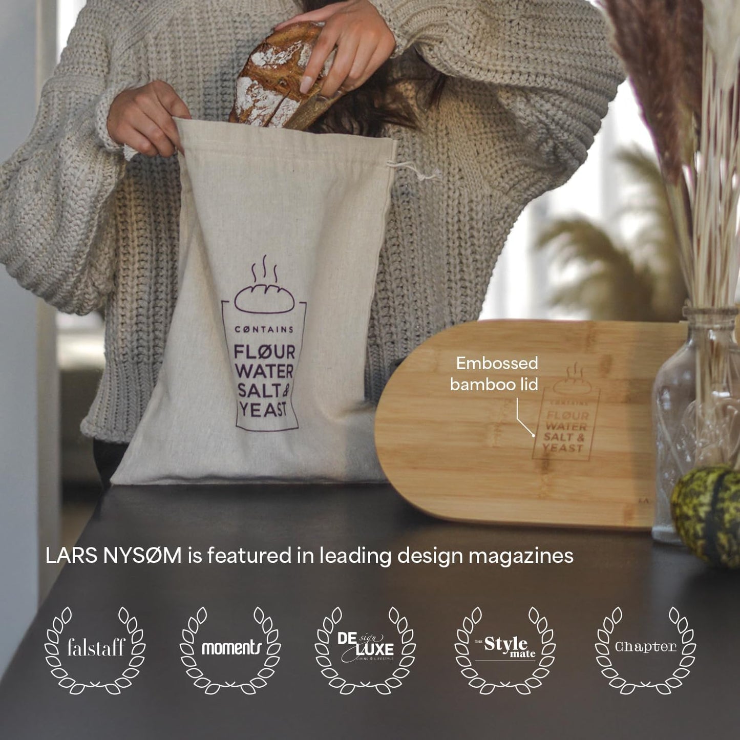 LARS NYSØM Bread Box I Metal Box with linen bag for long lasting freshness I Bread Bin with bamboo lid usable as cutting board I 14.2x7.5x5.1 In (Almond Beige)