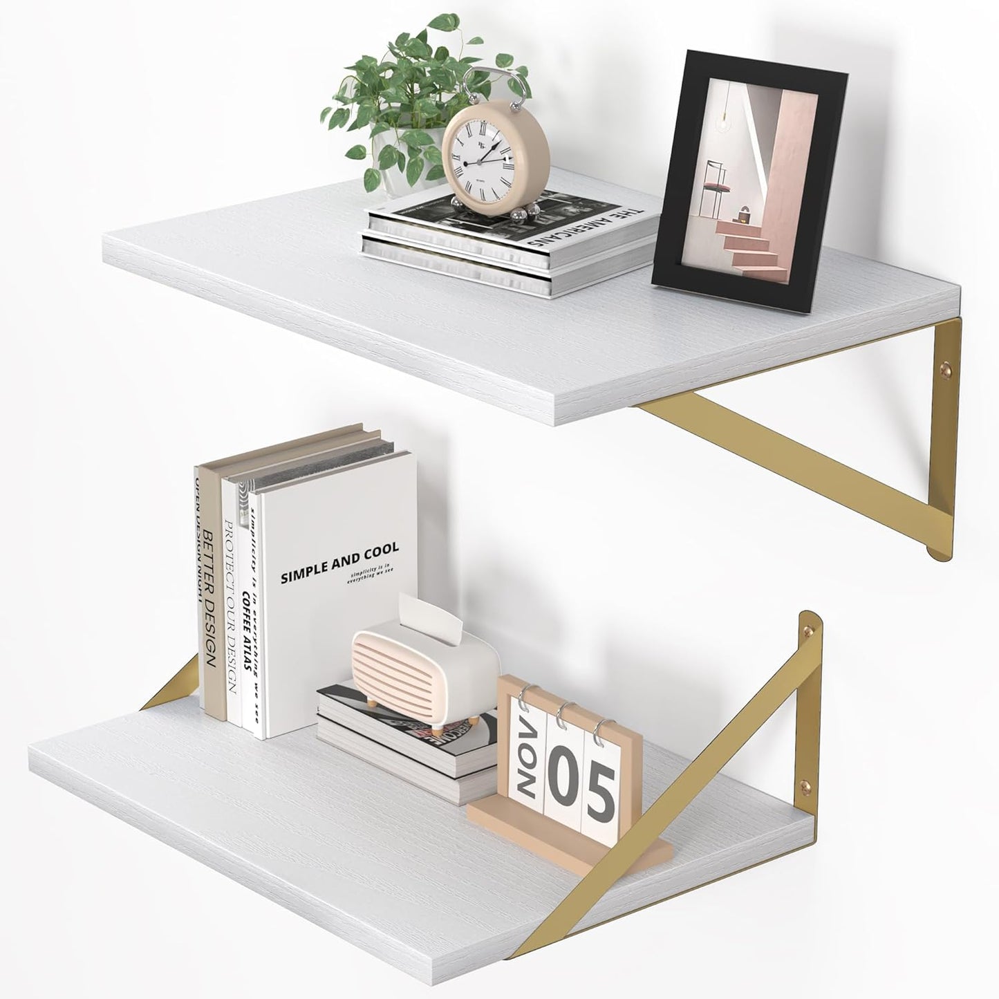 Heimlove Deep Floating Shelves for Wall, 16W x 12D Wood Wall Shelves Set of 2, Wide Floating Bookshelf for Living Room, Kitchen, Office, Bedroom and Decor Storage, with Golden Bracket - White & Gold