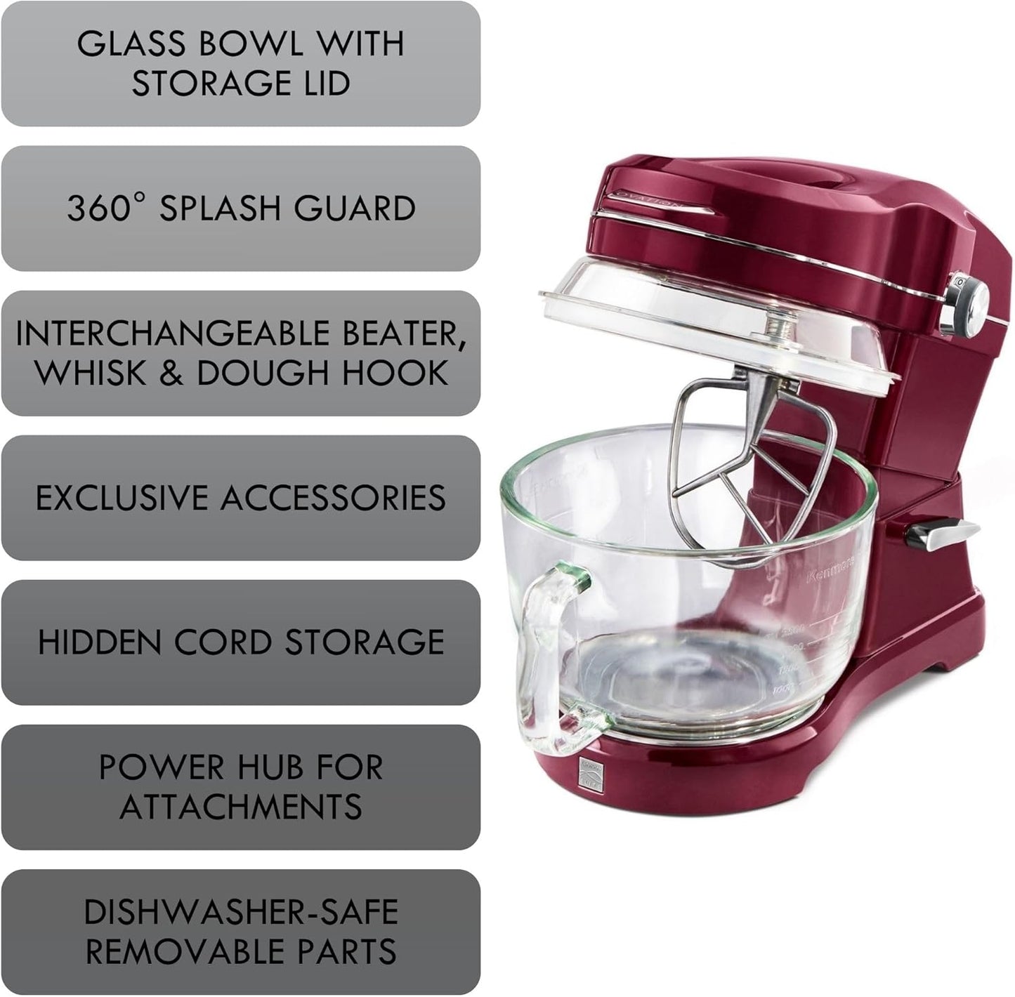 Kenmore 849083 Elite Ovation 49083 Exclusive Pour-In Top, 5 quart Tilt-Head Kitchen Stand Mixer, One Size, Red Burgundy