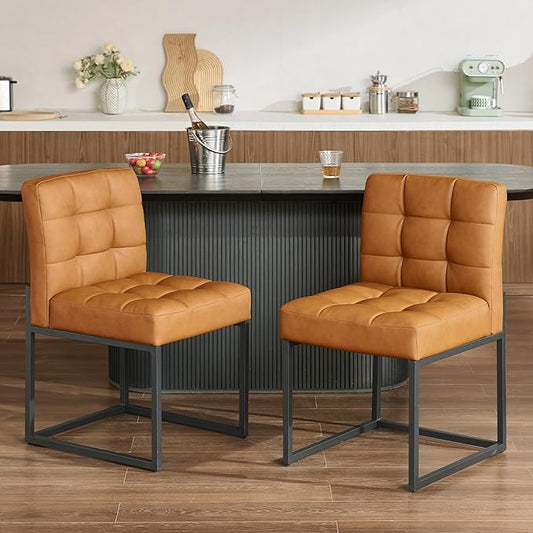 Brown Faux Leather Dining Chairs Set of 2, Mid-Century Modern Dining Room Chairs with Armless, Checkered Kitchen Chair with Metal Legs